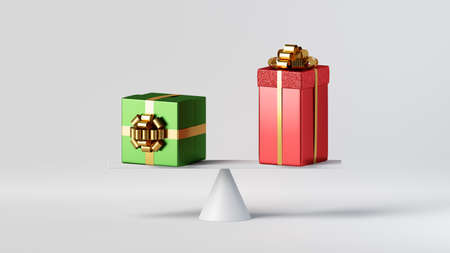 3d render, abstract choice concept. Balancing gift boxes placed on scales, isolated on white...