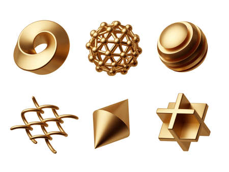 3d render, assorted abstract geometric shapes and objects. Collection of golden design elements. Clip art isolated on white backgroundの写真素材