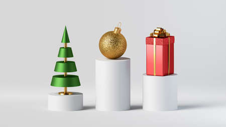 3d render, abstract festive infographics. Christmas tree, glass ball and red gift box. Holiday...