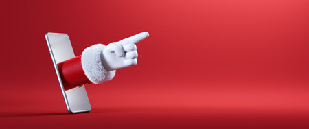 3d render. Cartoon character Santa Claus hand shows pointing finger, sticking out the smart phone screen. Christmas banner with red background. Recommendation conceptの写真素材