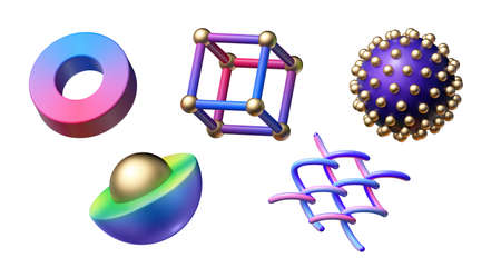 3d rendering. Different iridescent geometric shapes set. Modern minimal metal objects. Futuristic...