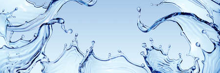 3d render, abstract wide background with splashing blue water. Assorted liquid splash shapes.