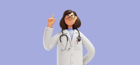3d render. Cartoon character caucasian woman doctor wears glasses and uniform. Finger pointing up. Medical clip art isolated on blue violet background. Health care advice, medical scienceの写真素材