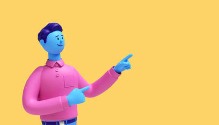 3d render. Cartoon character guy with blue skin wears pink shirt isolated on yellow background. Shows Index finger, side direction gesture. Best deal or idea conceptの写真素材