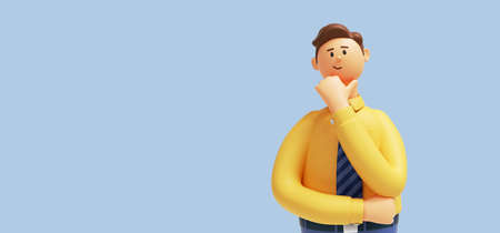 3d render. Cartoon character cute young man isolated on blue background. Serious guy thinking pose. Caucasian male wears yellow shirt and blue tie. Problem and doubt conceptの写真素材