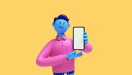 3d render. Cartoon character guy with blue skin wears pink shirt isolated on yellow background. Smart phone with blank screen presentation.の写真素材