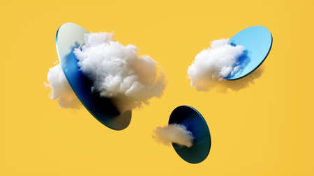 3d render, abstract yellow background with white clouds stuck inside levitating blue round shapes,...