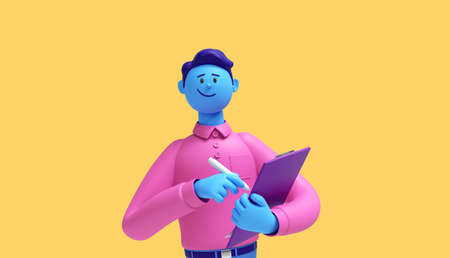 3d render. Cartoon character young man with blue skin wears pink shirt isolated on yellow background. Holds purple clipboard and pen. Signing agreement conceptの写真素材
