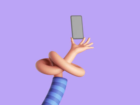 3d illustration, knotted human arm, flexible tangled cartoon character hand hold smart phone with blank screen. Social network communication. Funny clip art isolated on pastel violet backgroundの写真素材
