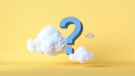 3d render, abstract yellow background with white clouds and blue question mark. Problem concept. Modern minimal sceneの写真素材