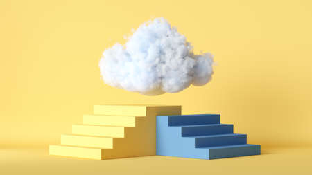 3d render, white cloud flies above the blue platform with steps, isolated on yellow background. Modern minimal scene. Abstract uniqueness metaphorの写真素材