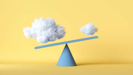 3d render. Two different clouds placed on scales, isolated on yellow background. Abstract comparison concept. Simple colorful geometric cone shape. Business metaphor. Modern minimal sceneの写真素材