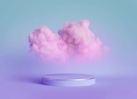 3d render, abstract blue violet background with pink fluffy cloud levitates above the empty stage. Minimal showcase with round platform for product presentationの写真素材