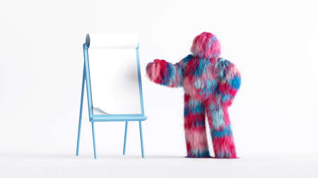 3d rendering, colorful furry cartoon character, hairy Yeti stands near the presentation easel with blank paper pages. Conference speaker concept. Education clip art isolated on white backgroundの写真素材