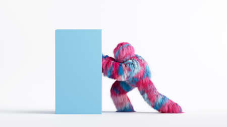 3d render, hairy Yeti cartoon character pushes the big heavy box, furry colorful monster. Delivery concept. Funny clip art isolated on white backgroundの写真素材