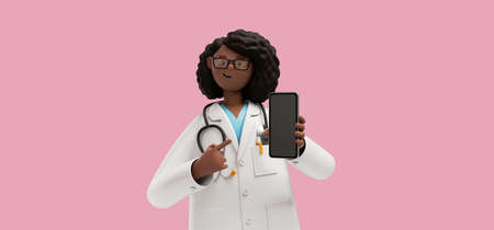 3d rendering. African woman doctor holds mobile phone with blank screen, healthcare professional. Black female cartoon character isolated on pink background. Medical illustrationの写真素材