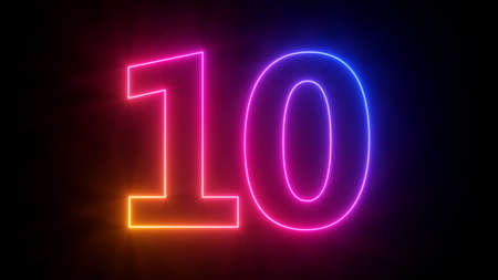 3d render, neon number ten glowing with gradient colors, isolated on black background