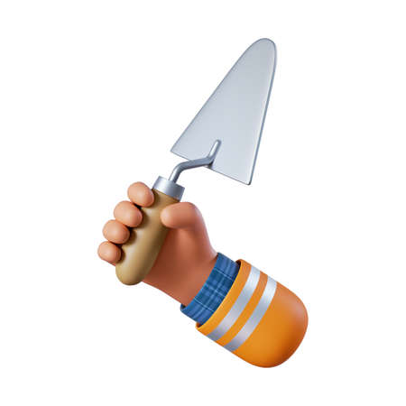 3d render, cartoon human hand holds trowel. Professional bricklayer with building tool. Construction icon. Masonry service clip art isolated on white backgroundの写真素材