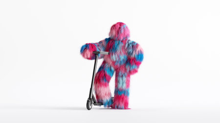 3d rendering, colorful hairy beast Yeti stands near the scooter vehicle, furry monster cartoon...