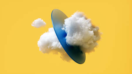 3d render, abstract scene with white clouds and blue round glass, isolated on yellow background, modern minimal conceptual wallpaperの写真素材