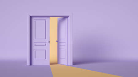 3d render, double doors opening inside the light violet room. Architectural or interior element isolated on lilac backgroundの写真素材