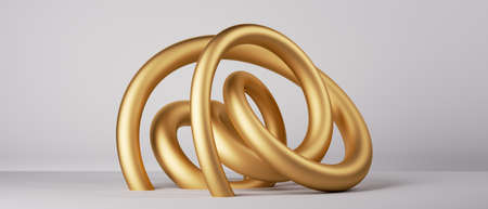 3d render, golden tangled tubes, unique abstract object. Design element isolated on white background