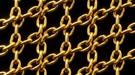 3d render, grid made of shiny golden chains, abstract fashion background, unique wallpaperの写真素材