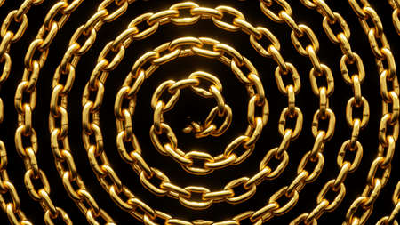 3d render, abstract black background with spiral shiny golden chainの写真素材