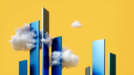 3d render, abstract modern cityscape isolated on yellow background, mirror skyscrapers with white...