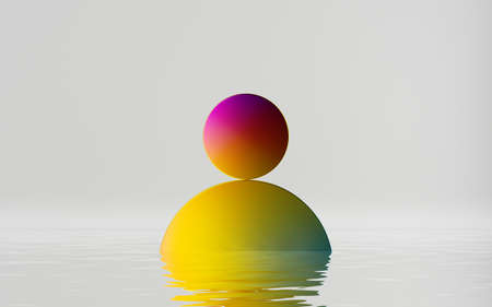 3d render, abstract minimal geometric wallpaper with colorful round shapes and water reflection, isolated on white backgroundの写真素材