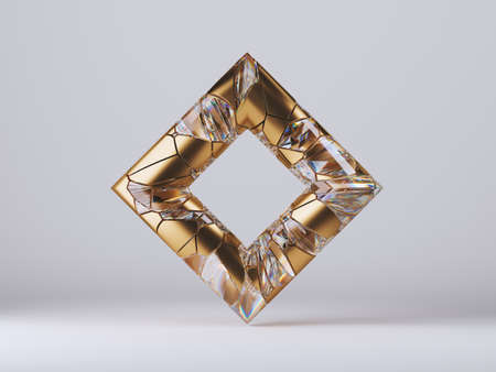3d render, abstract geometric rhombus shape, gold and crystal glass mosaic pieces, cracked surface...