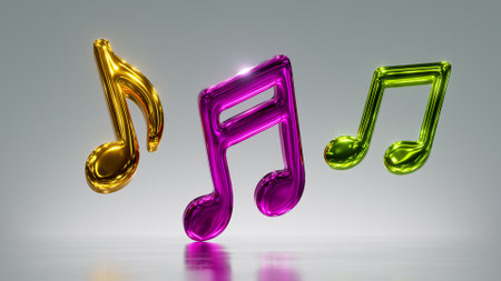 3d render. Colorful shiny glass musical notes, melody symbols, music clip art isolated on silver background. Metallic objectsの写真素材