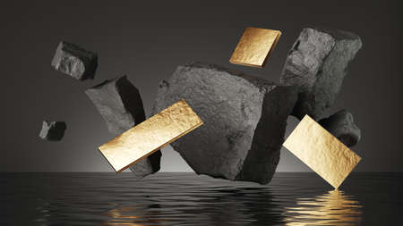 3d render, abstract futuristic background. Gold geometric panels and black rocks levitate above the water with reflection. Modern unique creative wallpaperの写真素材