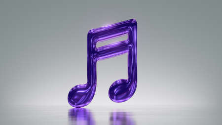 3d render. Metallic musical notes sound symbol, audio clip art isolated on silver background. Violet shiny glass iconの写真素材