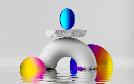 3d render, abstract geometric background with colorful iridescent round shapes, broken white stone...