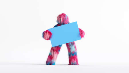 3d render, colorful Yeti hairy cartoon character, funny furry toy holds blank card mockup isolated on white backgroundの写真素材