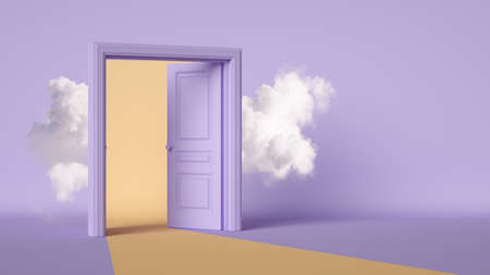 3d rendering, White cloud is hiding behind the opening double doors inside the light violet room. Architectural or interior element. Modern minimal background. Dream metaphorの写真素材