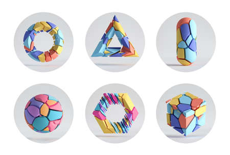 3d render, set of round stickers with geometric shapes, modern minimal icons for social account...