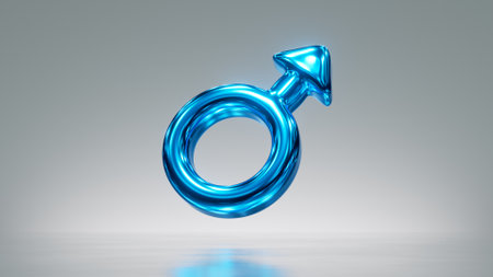 3d rendering. Metallic male gender symbol, blue mars sign, man clip art isolated on silver background. Shiny glass iconの写真素材