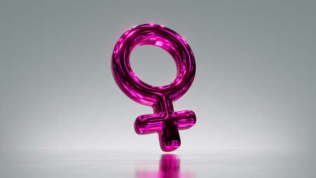 3d rendering. Metallic female gender symbol, pink venus sign, feminist clip art isolated on silver background. Shiny glass iconの写真素材