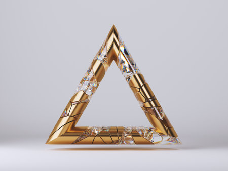 3d render, abstract geometric triangle shape, gold and crystal glass mosaic pieces, cracked surface with hole. Split object isolated on white background. Minimal designの写真素材