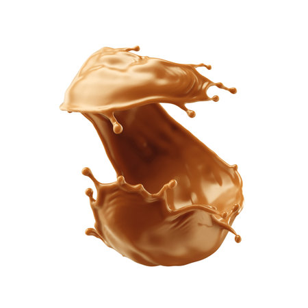 3d render, twisted shape liquid caramel splash, toffee or nougat cooking ingredient, splashing maple syrup. Clip art isolated on white background.の写真素材