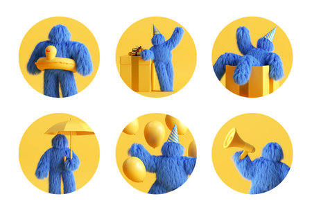 3d render, set of assorted yellow round stickers with blue hairy yeti monster, funny icons for social account design. Abstract circles isolated on white backgroundの写真素材