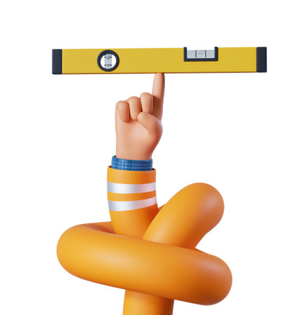 3d render, yellow level tool balancing on finger of knotted cartoon caucasian human hand....