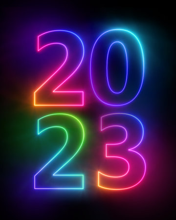 3d rendering, colorful neon numbers isolated on black background. New year 2023