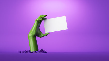 3d render, green zombie hand holds blank card and shows out of the ground, Halloween clip art isolated on purple backgroundの写真素材