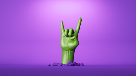 3d render, green zombie hand shows out of the ground, rock gesture, Halloween clip art isolated on purple backgroundの写真素材