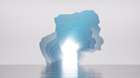 3d render, minimalist background with abstract blue shape, water, paper layers and light at the end of the tunnelの写真素材