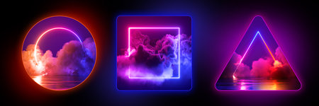 3d render, set of geometric shapes glowing with neon light and dramatic clouds, isolated on black...