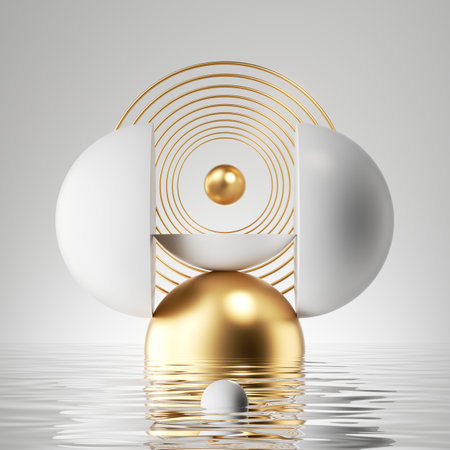 3d render, abstract geometric background with white hemispheres gold balls, golden rings and liquid floor, reflection in the water. Simple showcase scene with platform for product presentationの写真素材
